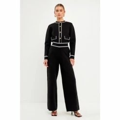 English Factory High-Waisted Wide-Leg Knit Pants Black/white