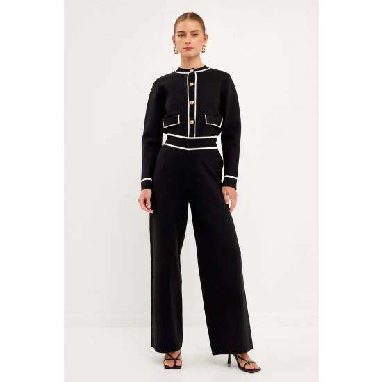 English Factory High-Waisted Wide-Leg Knit Pants Black/white