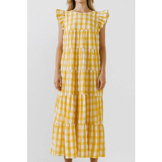 English Factory Textured Gingham Midi Tiered Baby Doll Dress Dresses Pink - Image 7