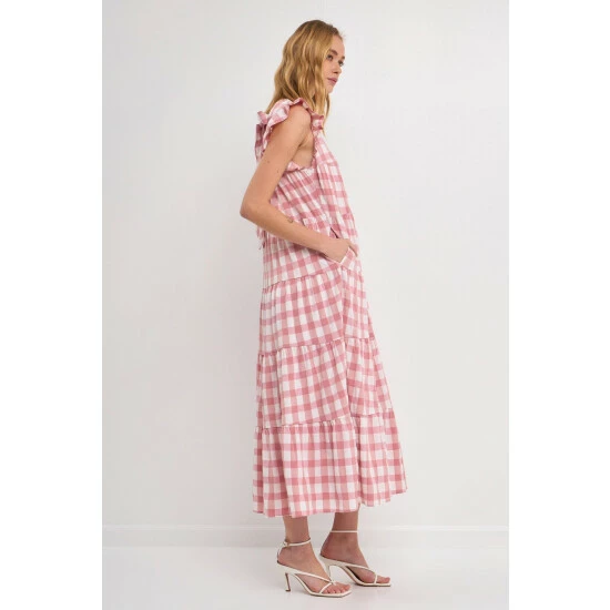 English Factory Textured Gingham Midi Tiered Baby Doll Dress Dresses Pink - Image 8