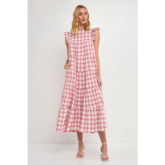 English Factory Textured Gingham Midi Tiered Baby Doll Dress Dresses Pink - Image 9