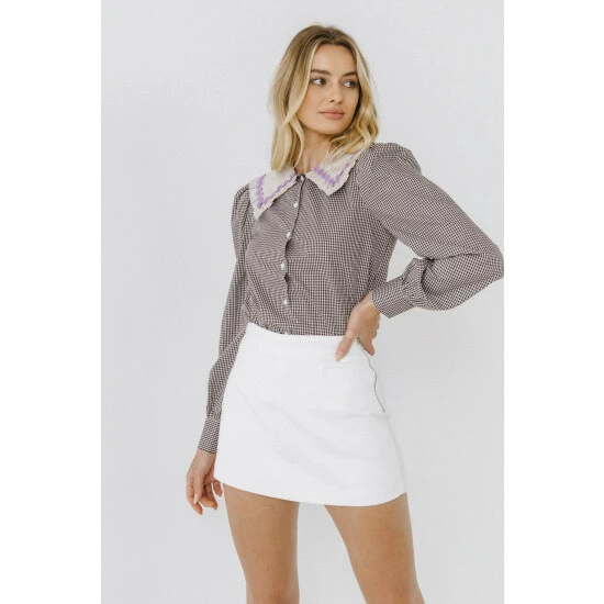 English Factory Gingham Check Long Sleeve Blouse Tops Brown