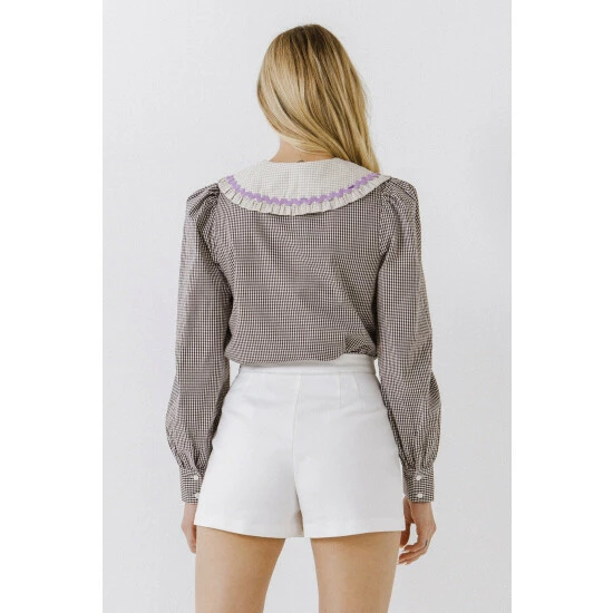 English Factory Gingham Check Long Sleeve Blouse Tops Brown - Image 3