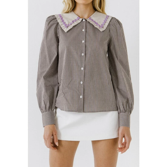 English Factory Gingham Check Long Sleeve Blouse Tops Brown - Image 4