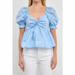 English Factory Multi Floral Embroidery Top Tops Power Blue