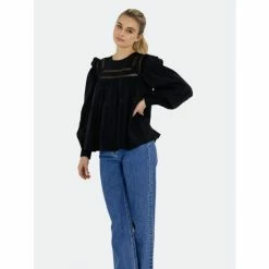 English Factory Ruffled Lace Insert Blouse Tops Black