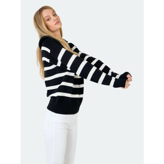 English Factory Striped Knit Zip Pullover Sweatshirts & Sweaters Black
