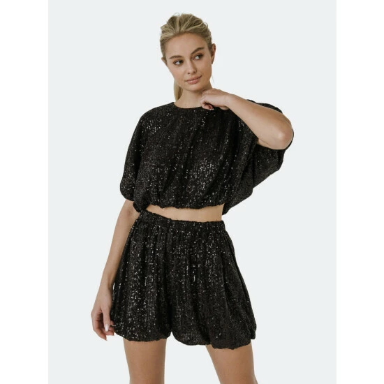 English Factory Sequins Cropped Puff Top Tops Green