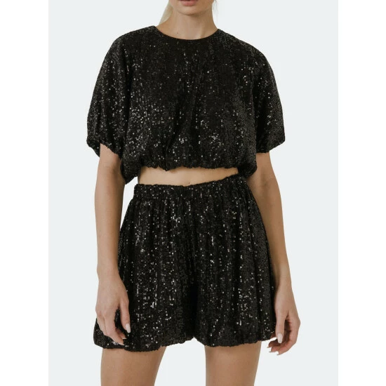 English Factory Sequins Cropped Puff Top Tops Green - Image 2