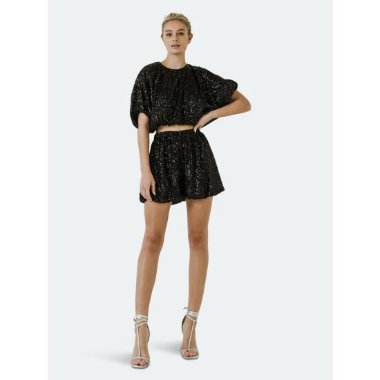 English Factory Sequins Cropped Puff Top Tops Green - Image 3