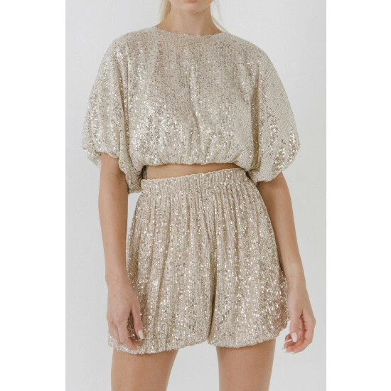 English Factory Sequins Cropped Puff Top Tops Green - Image 10