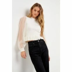 English Factory Organza Long Sleeve Knit Blouse With Mock Neck Tops Black