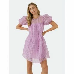 English Factory Gridded Puff Sleeve Dress Dresses Lilac