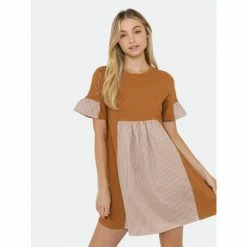 English Factory Knit Stripe Woven Mixed Dress Dresses Brown