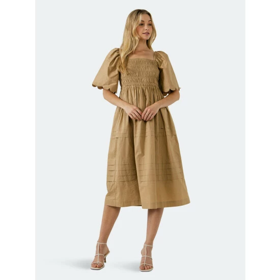 English Factory Scallop Detail Midi Dress Dresses Tan - Image 2