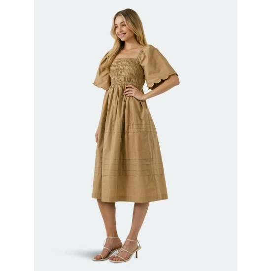 English Factory Scallop Detail Midi Dress Dresses Tan - Image 5