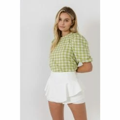 English Factory Knit Check Open Back Scrunchie Top Tops Green