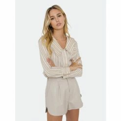 English Factory Ruffled-Collar Striped Shirt Tops Beige