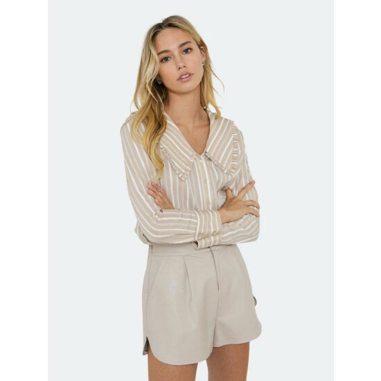English Factory Ruffled-Collar Striped Shirt Tops Beige