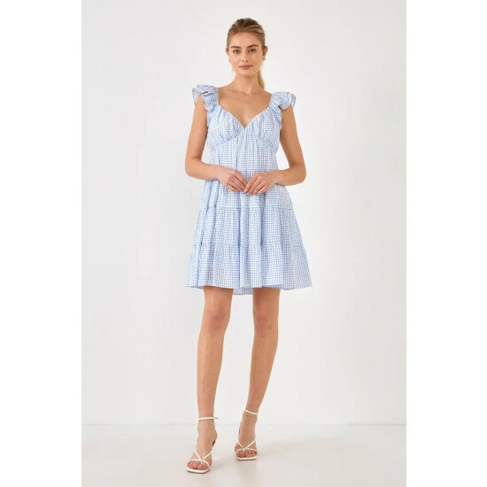 English Factory Gingham Printed Tiered Mini Dress Dresses Blue - Image 2