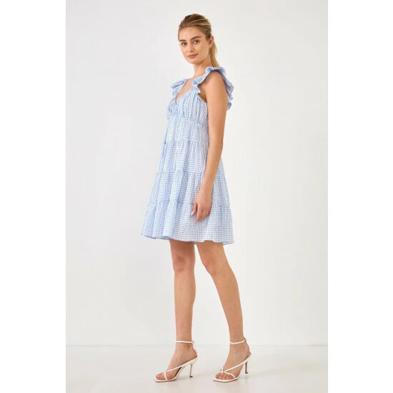 English Factory Gingham Printed Tiered Mini Dress Dresses Blue - Image 3