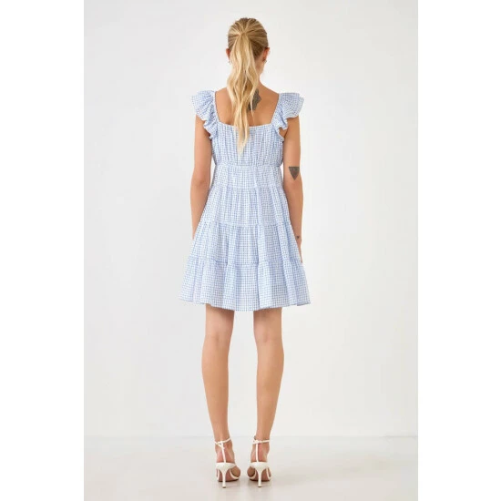 English Factory Gingham Printed Tiered Mini Dress Dresses Blue - Image 4