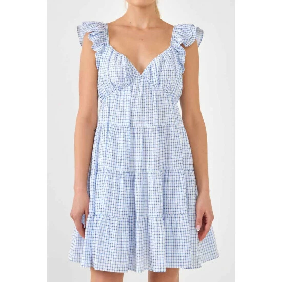 English Factory Gingham Printed Tiered Mini Dress Dresses Blue - Image 5