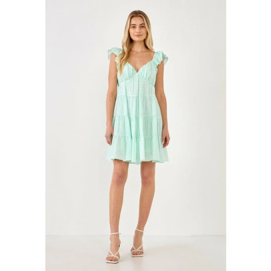 English Factory Gingham Printed Tiered Mini Dress Dresses Blue - Image 6