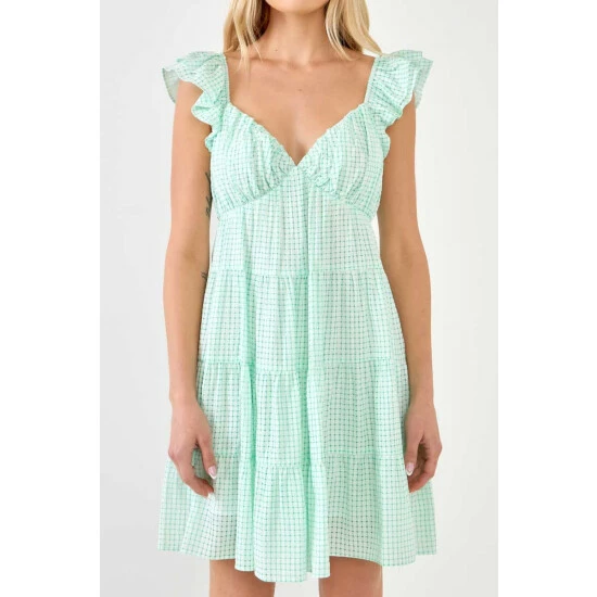 English Factory Gingham Printed Tiered Mini Dress Dresses Blue - Image 9