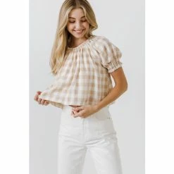 English Factory Gingham Top With Short Puff Sleeves Tops Khaki
