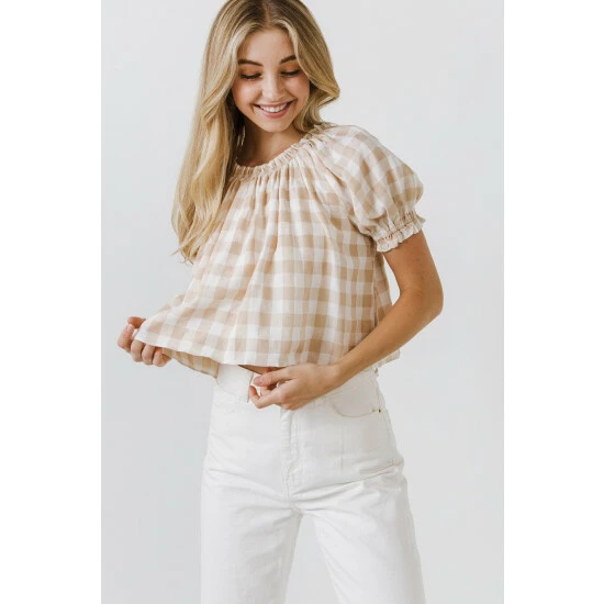 English Factory Gingham Top With Short Puff Sleeves Tops Khaki