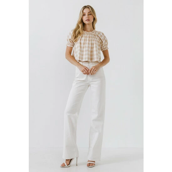 English Factory Gingham Top With Short Puff Sleeves Tops Khaki - Image 2
