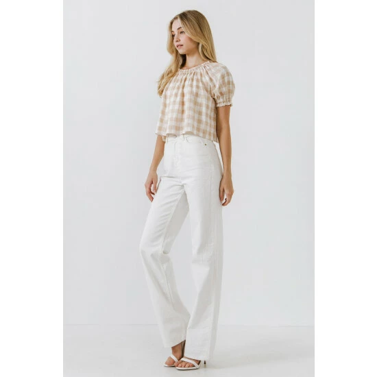 English Factory Gingham Top With Short Puff Sleeves Tops Khaki - Image 3