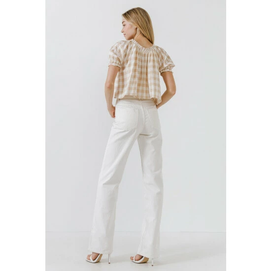 English Factory Gingham Top With Short Puff Sleeves Tops Khaki - Image 4