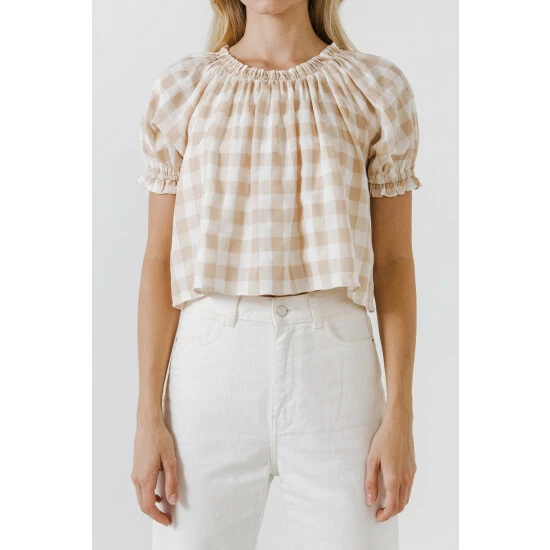 English Factory Gingham Top With Short Puff Sleeves Tops Khaki - Image 5