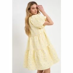 English Factory Floral Jacquard Tiered Midi High Low Dresses Yellow