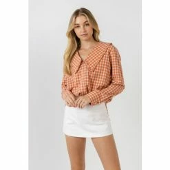 English Factory Check Ruffled Collar Shirt Tops Black