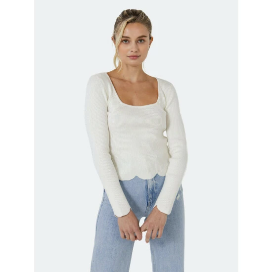 English Factory Scallop Hem Long Sleeve Sweater Sweatshirts & Sweaters White