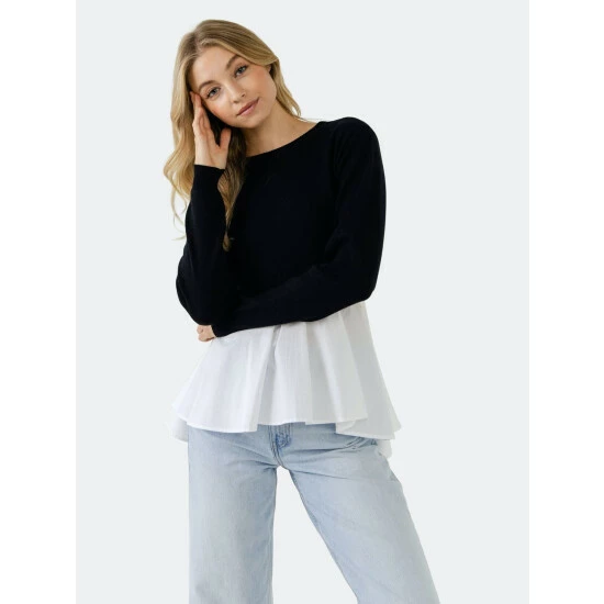 English Factory Mixed Media Peplum Top Tops Black/white