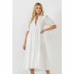 English Factory Gingham Tiered Midi Dress With Bow Tie Sleeves Dresses Pink