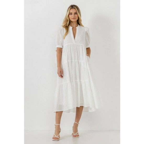 English Factory Gingham Tiered Midi Dress With Bow Tie Sleeves Dresses Pink - Image 2