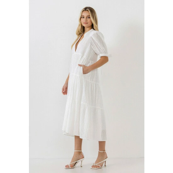 English Factory Gingham Tiered Midi Dress With Bow Tie Sleeves Dresses Pink - Image 4