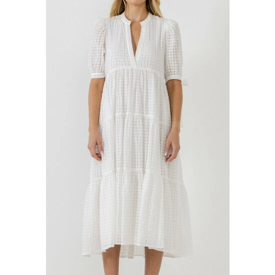 English Factory Gingham Tiered Midi Dress With Bow Tie Sleeves Dresses Pink - Image 5