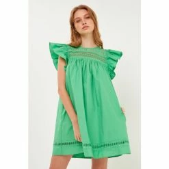 English Factory Lace Yoke Ruffle Sleeve Mini Dress Dresses Green