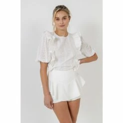 English Factory Eyelet Ruffles Detail Top Tops White