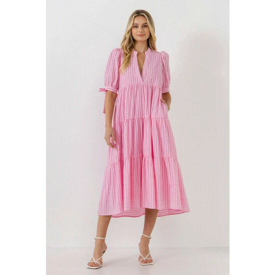 English Factory Gingham Tiered Midi Dress With Bow Tie Sleeves Dresses Pink - Image 8