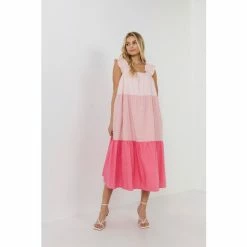 English Factory Ruffled Straps Color Block Midi Dress Dresses Pink Multi