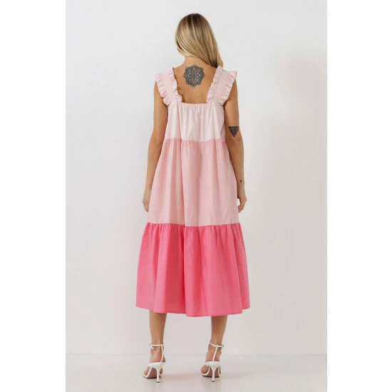 English Factory Ruffled Straps Color Block Midi Dress Dresses Pink Multi - Image 3