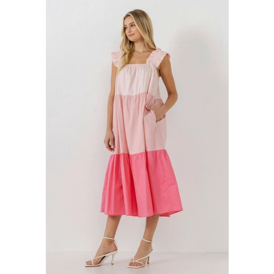 English Factory Ruffled Straps Color Block Midi Dress Dresses Pink Multi - Image 4