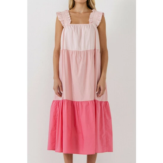 English Factory Ruffled Straps Color Block Midi Dress Dresses Pink Multi - Image 5